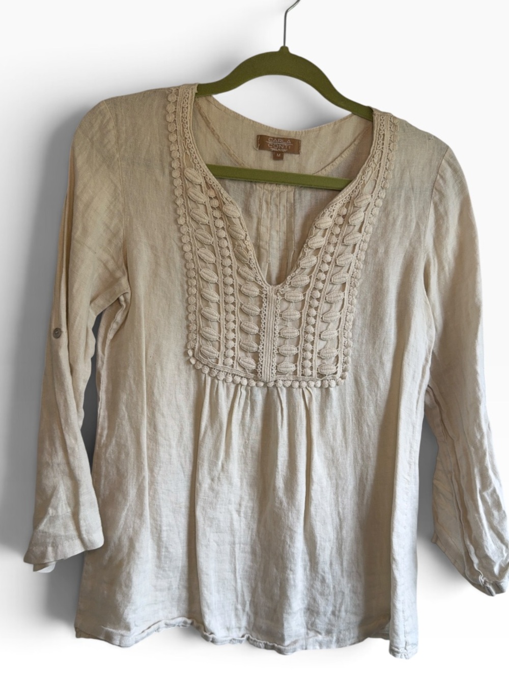 Carla Conti 100% Linen Blouse M Made in Italy Crochet Boho Tunic Top